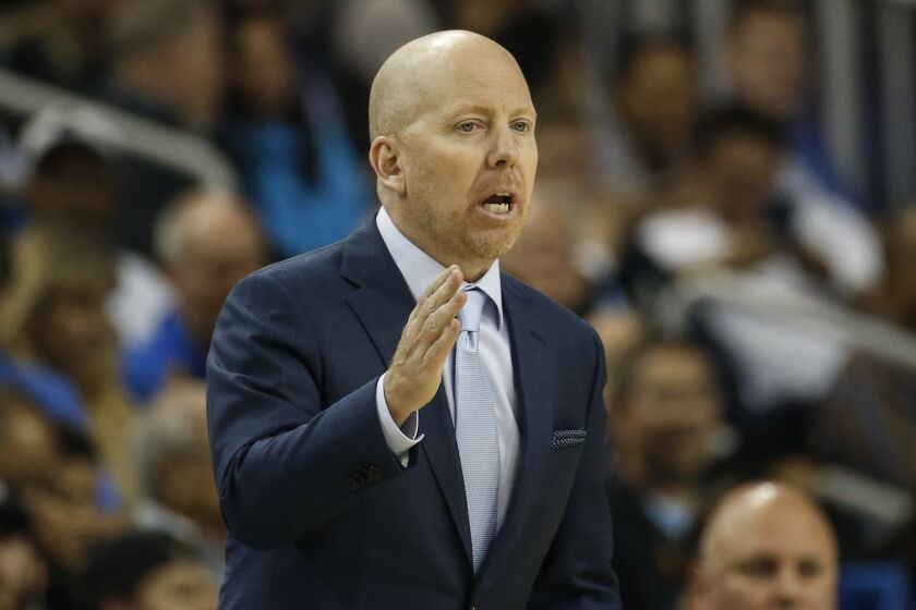 UCLA head coach Mick Cronin gestures during an NCAA college basketball game against Arizona State Thursday, Feb. 27, 2020, in Los Angeles. (AP Photo/Ringo H.W. Chiu)