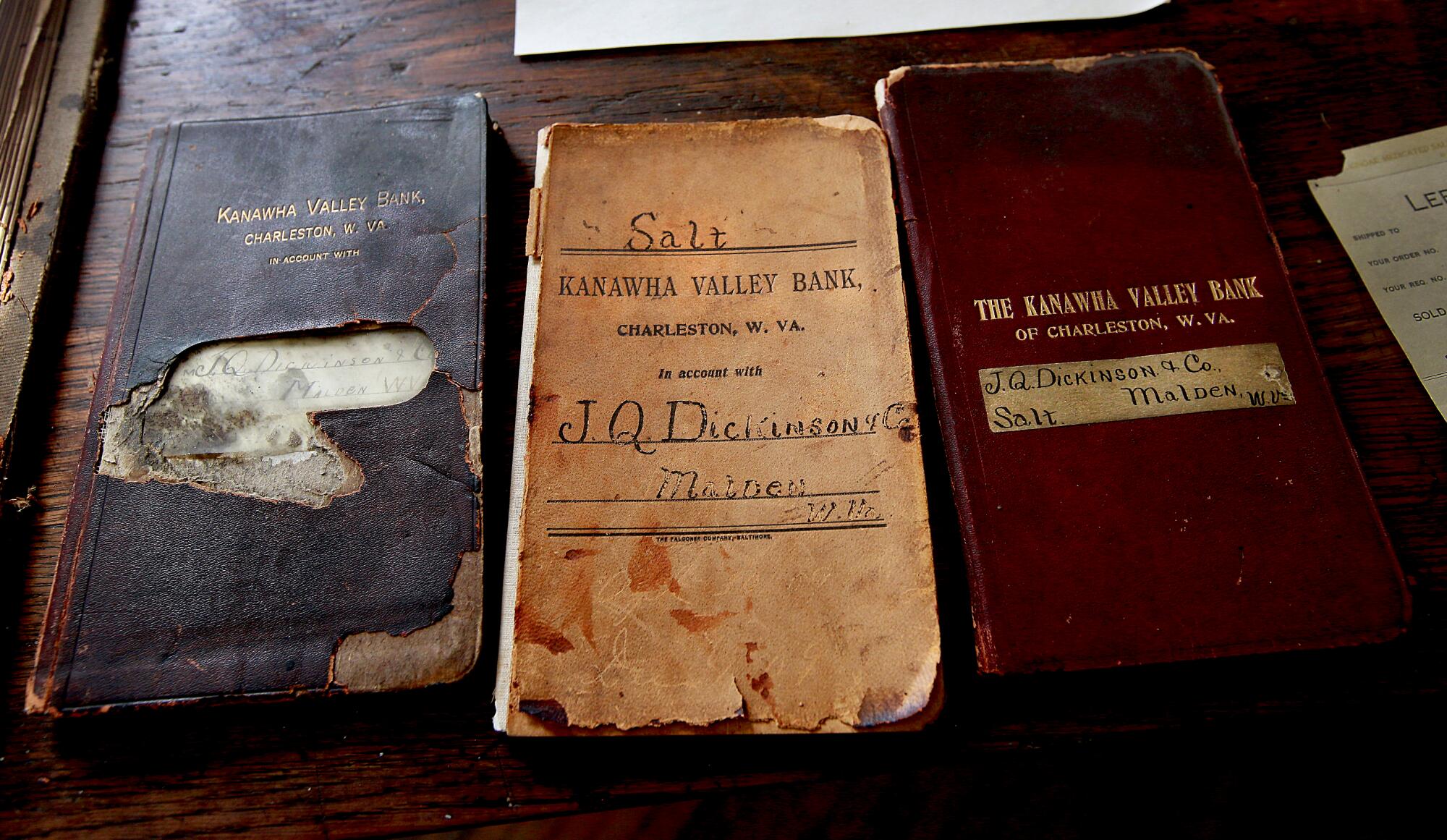 Old bank deposit books at J.Q. Dickinson, the artisinal salt company that siblings Nancy Bruns and Lewis Payne opened in 2013 at the site of their ancestors' salt operation.