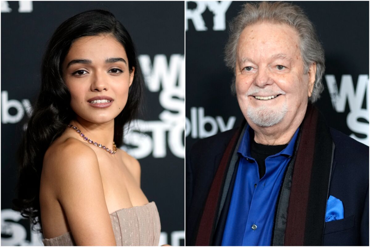 A split image of a woman with long black hair posing in a dress, left, and a man with gray hair in a blue shirt