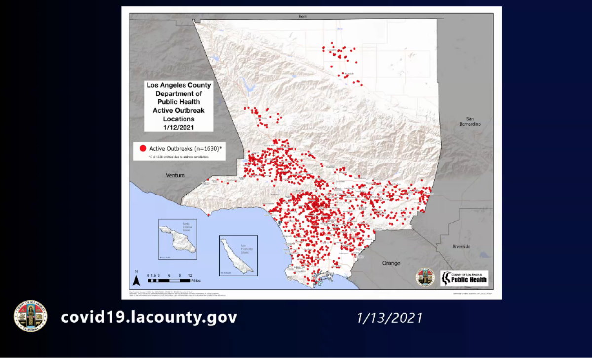 Active coronavirus outbreak investigations, Los Angeles County (Jan. 12, 2021)