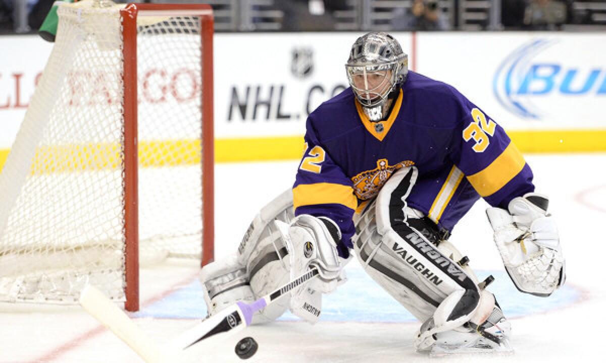 Kings goalie Jonathan Quick redirects a shot during a game against the Toronto Maple Leafs on March 13. Quick has performed well since returning from an injury that disrupted the first half of the Kings' season.
