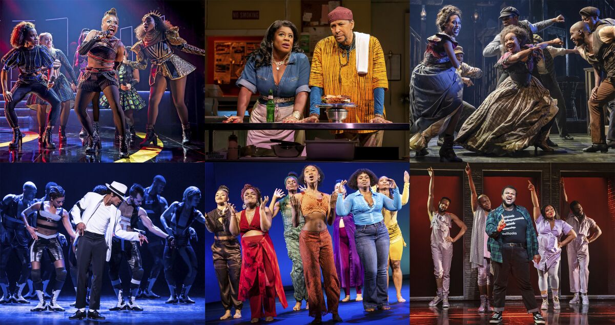 This combination of photos shows scenes Broadway performances from the musical "Six," top row from left, the Lynn Nottage play "Clyde's," and the musical "Paradise Square," bottom row from left, the musical "MJ," the play ""for colored girls who have considered suicide/when the rainbow is enuf," and the musical "A Strange Loop." (Boneau/Brian Brown/Polk & Co., The Press Room, O & M Co./DKC, Polk & Co. and Polk & Co. via AP)