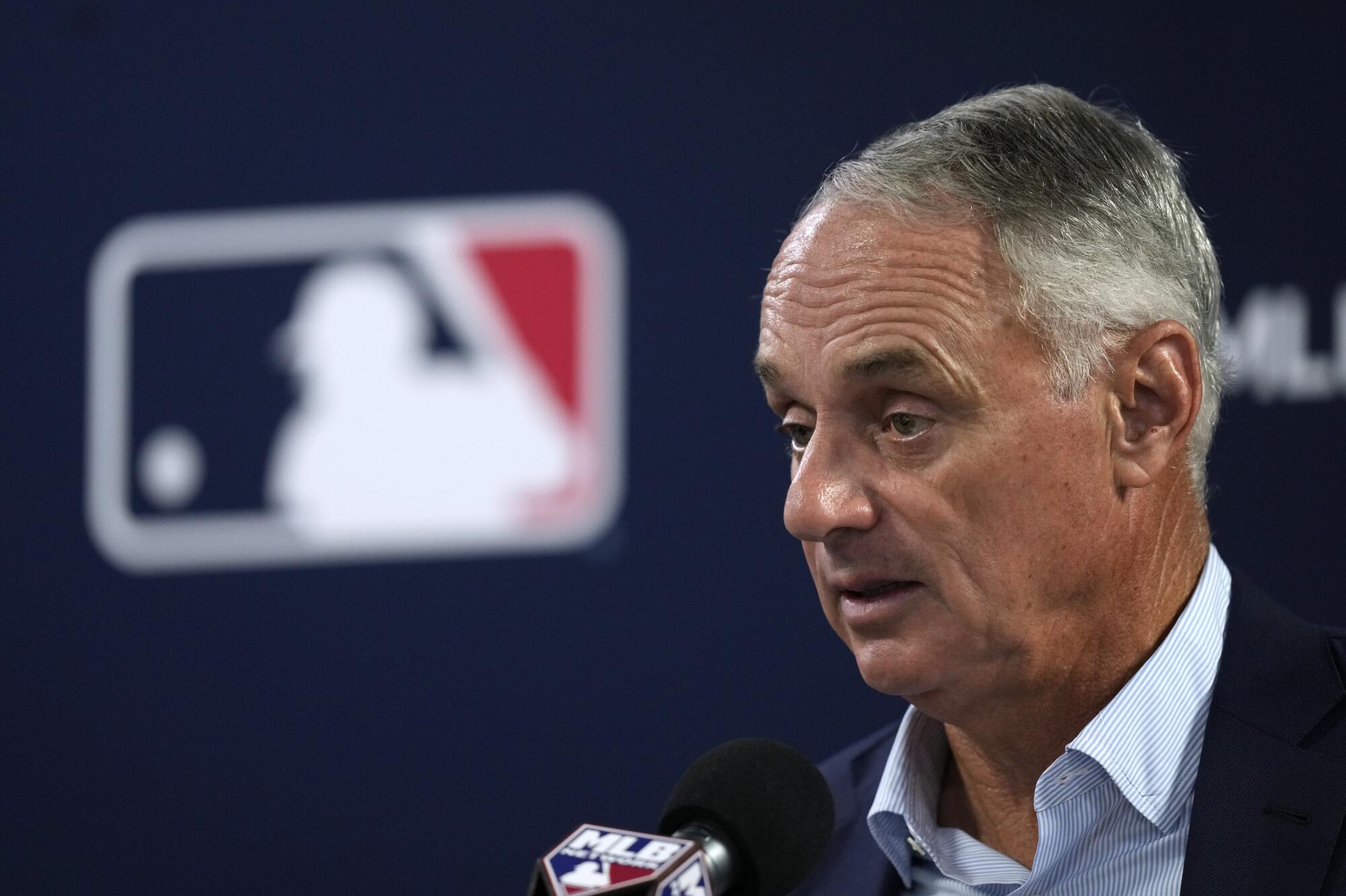 Major League Baseball commissioner Rob Manfred speaks during a spring training.