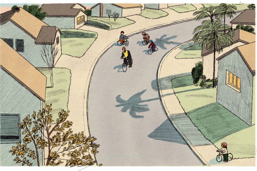 Illustration of a suburban street scene with several kids riding bicycles with their teacher.