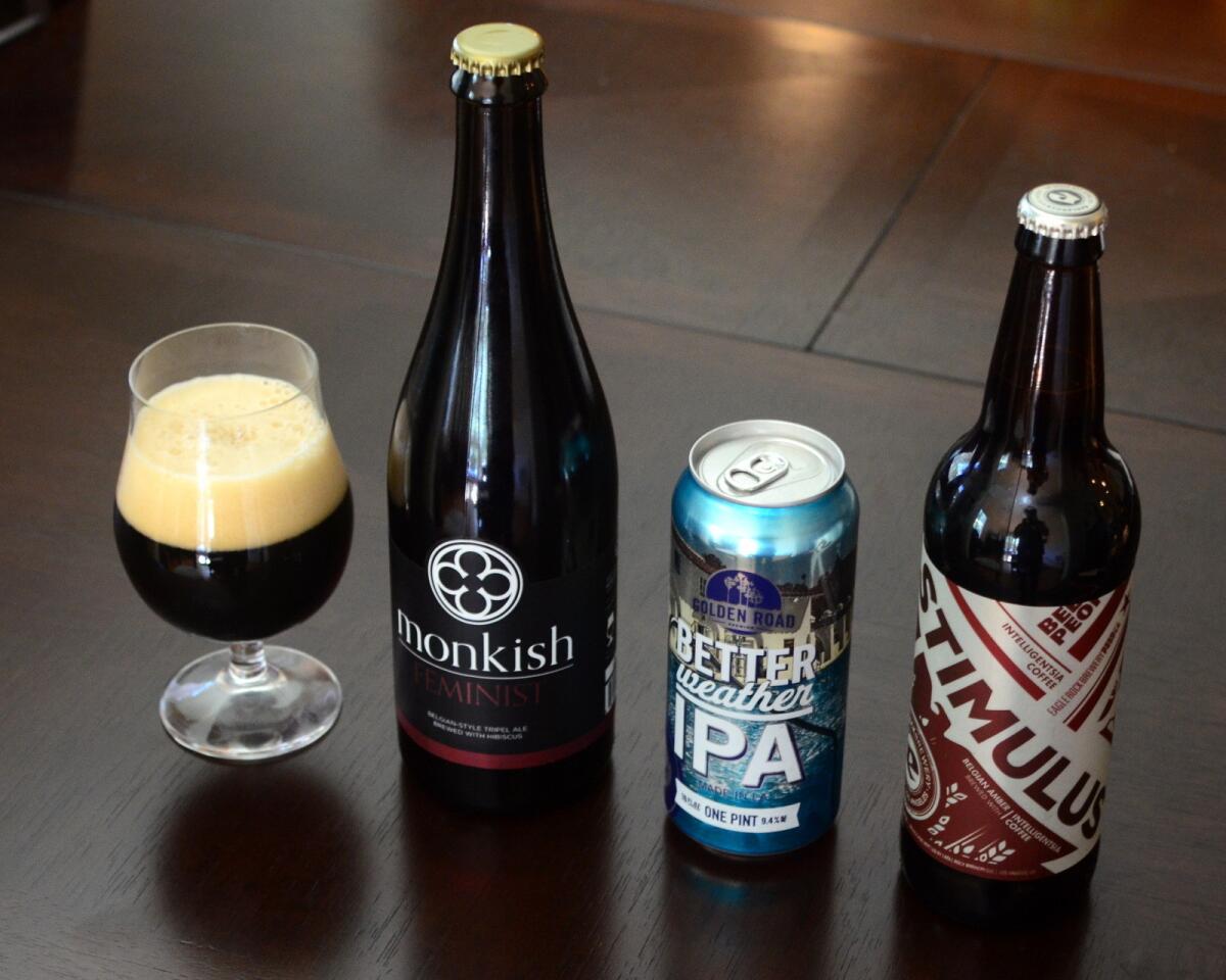 New L.A. brews include Vanilla Porter from Angel City, left; Monkish Brewing's Feminist; Golden Road's Better Weather IPA; and Eagle Rock Brewery's Stimulus.