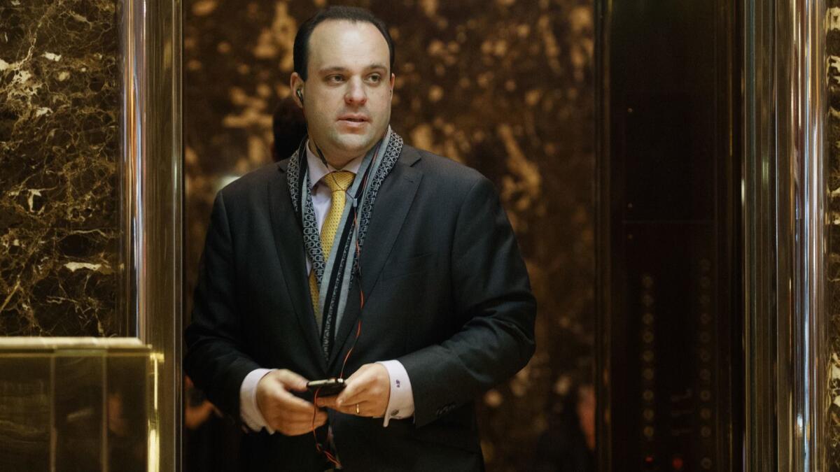 Boris Epshteyn, shown in 2016, when he was a spokesman for then-President-elect Trump, does commentaries for Sinclair that stations are required to run.