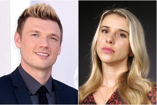 A split image of Nick Carter smiling in a black suit and Melissa Schuman posing in a patterned shirt