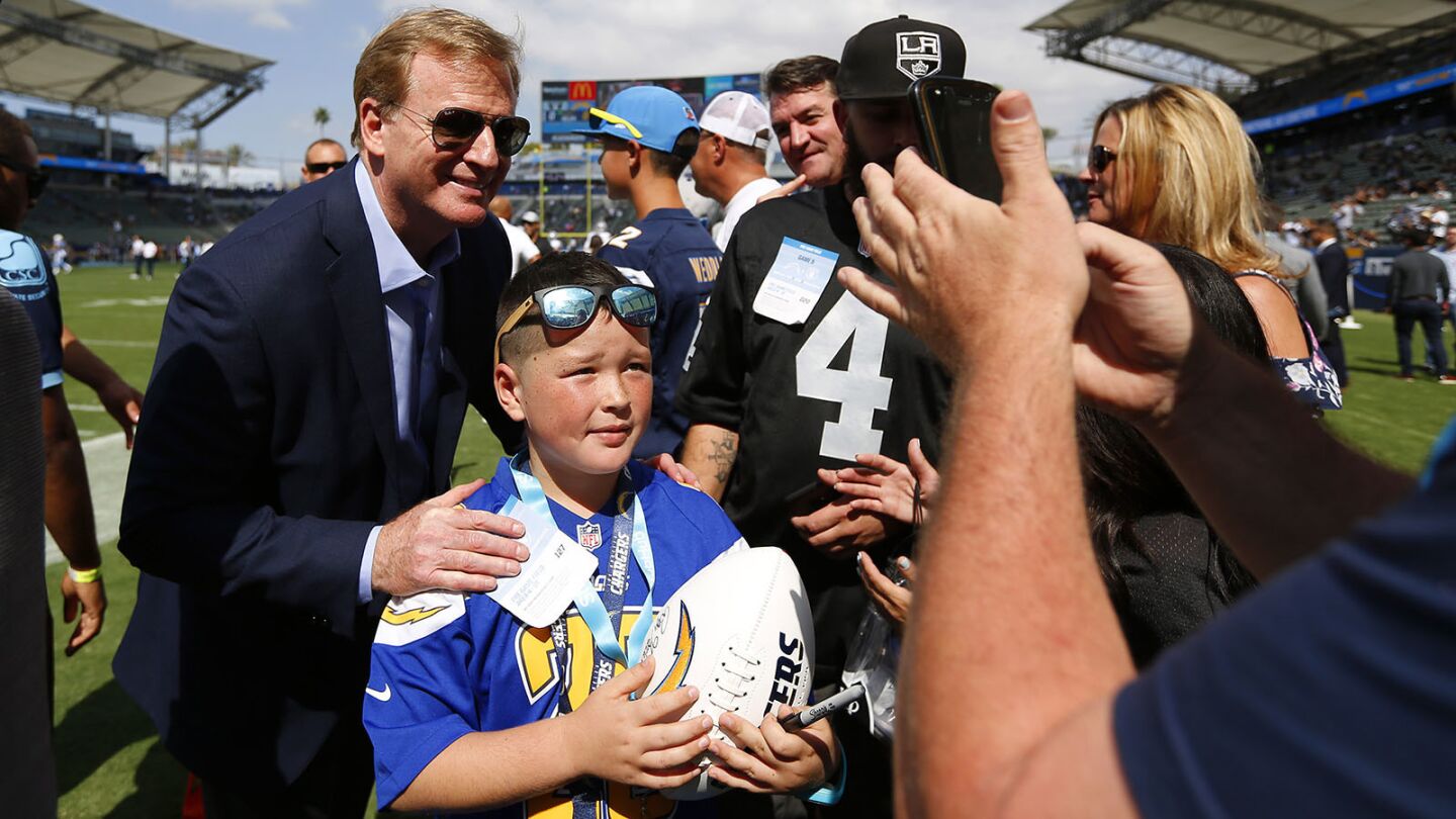 Roger Goodell, Commissioner of the NFL, greets fans before the Los Angeles Chargers played the Oakland Raiders at the StubHub Center in Carson on Oct. 7, 2018. (Photo by K.C. Alfred/San Diego Union-Tribune)