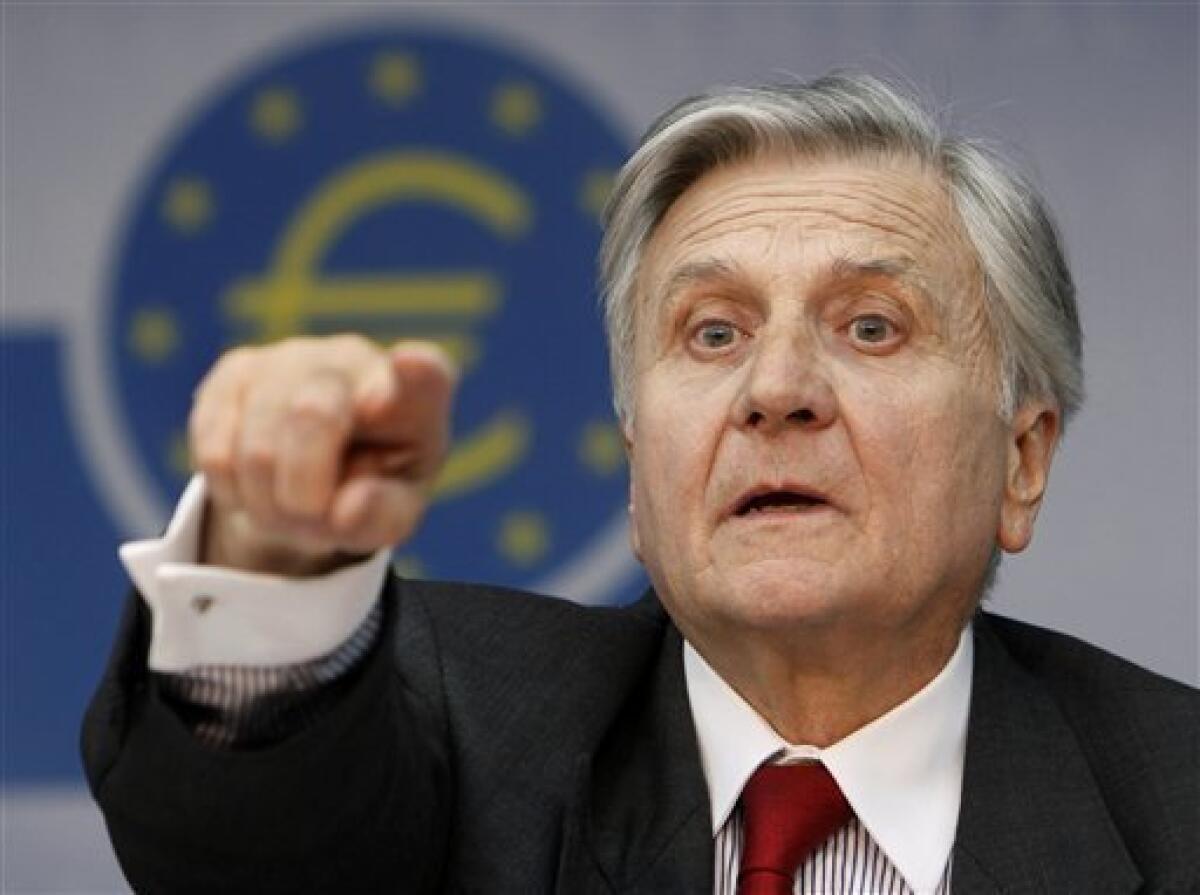President of the European Central Bank Jean-Claude Trichet announces that the ECB will lower its main interest rate to one percent in Frankfurt, central Germany, Tuesday, May 7, 2009. (AP Photo/Michael Probst)