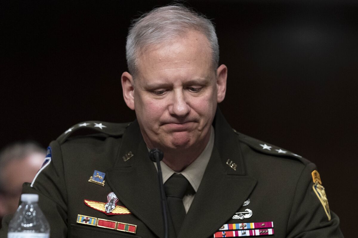 DIA Director Lt. General Scott Berrier testifies during a Senate Armed Services hearing to examine worldwide threats on Capitol Hill in Washington, Tuesday, May 10, 2022. (AP Photo/Jose Luis Magana)