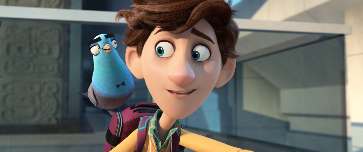 A scene from the animated film "Spies in Disguise" with a pigeon with a bow-tie marking perched on a young man's backpack.