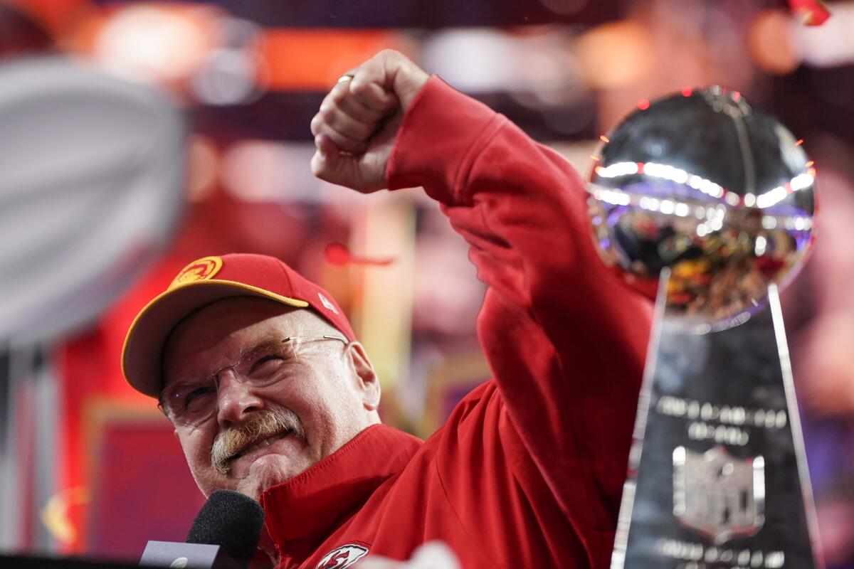 Kansas City Chiefs head coach Andy Reid celebrates after his Super Bowl LVIII victory.