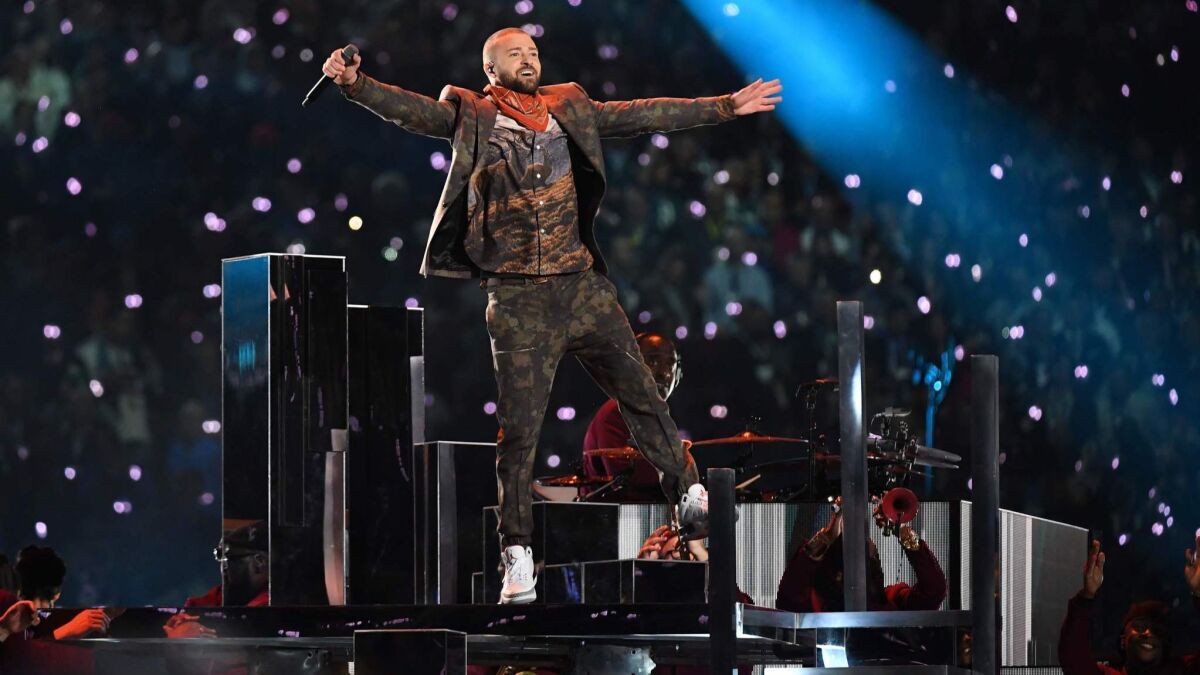 Justin Timberlake performs at the Super Bowl LII halftime show in custom Stella McCartney on Feb. 4.