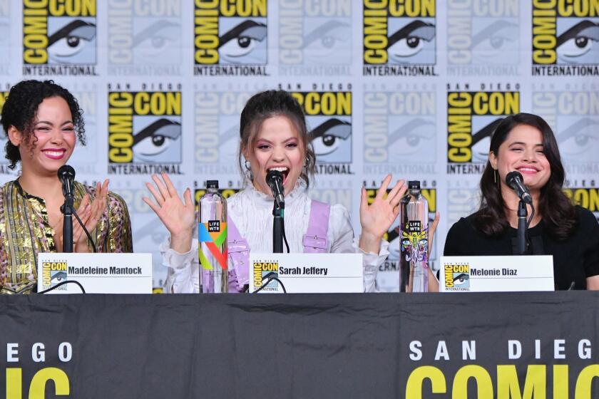 SAN DIEGO, CA - JULY 19: (L-R) Madeleine Mantock, Sarah Jeffery and Melonie Diaz speak onstage during the "Charmed" Exclusive Screening and Panel during Comic-Con International 2018 at San Diego Convention Center on July 19, 2018 in San Diego, California. (Photo by Mike Coppola/Getty Images) ** OUTS - ELSENT, FPG, CM - OUTS * NM, PH, VA if sourced by CT, LA or MoD **
