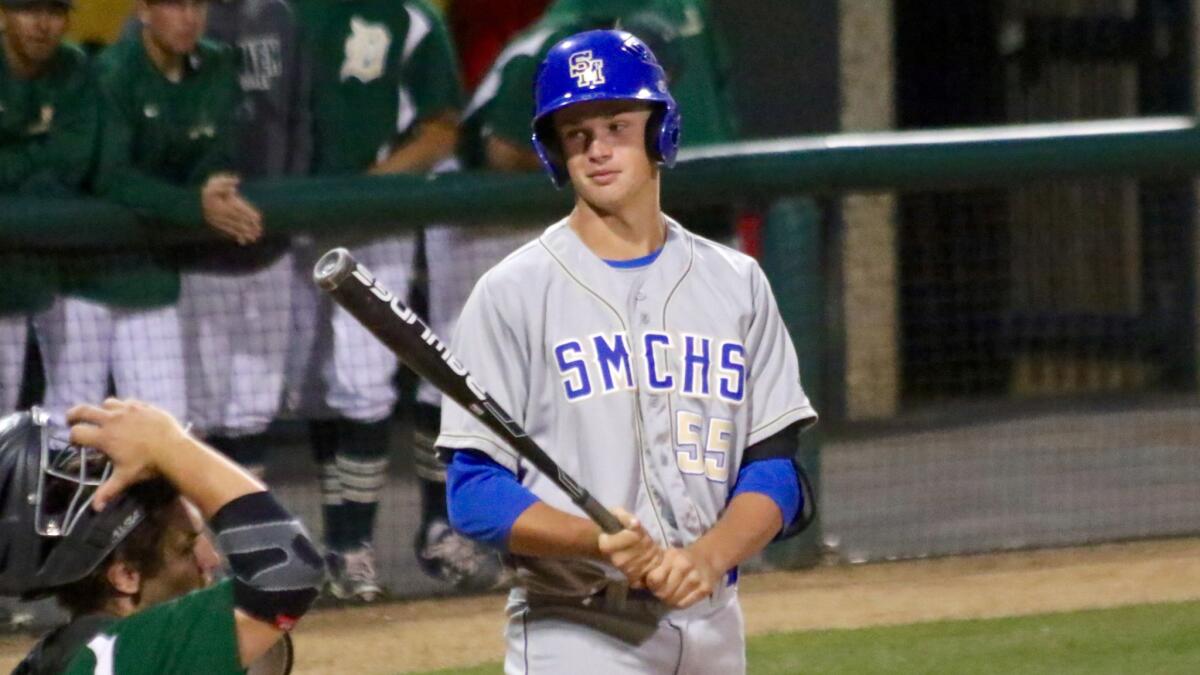 Santa Margarita sophomore Chandler Champlain reacts to a call during a game against Damien at Dedeaux Field.