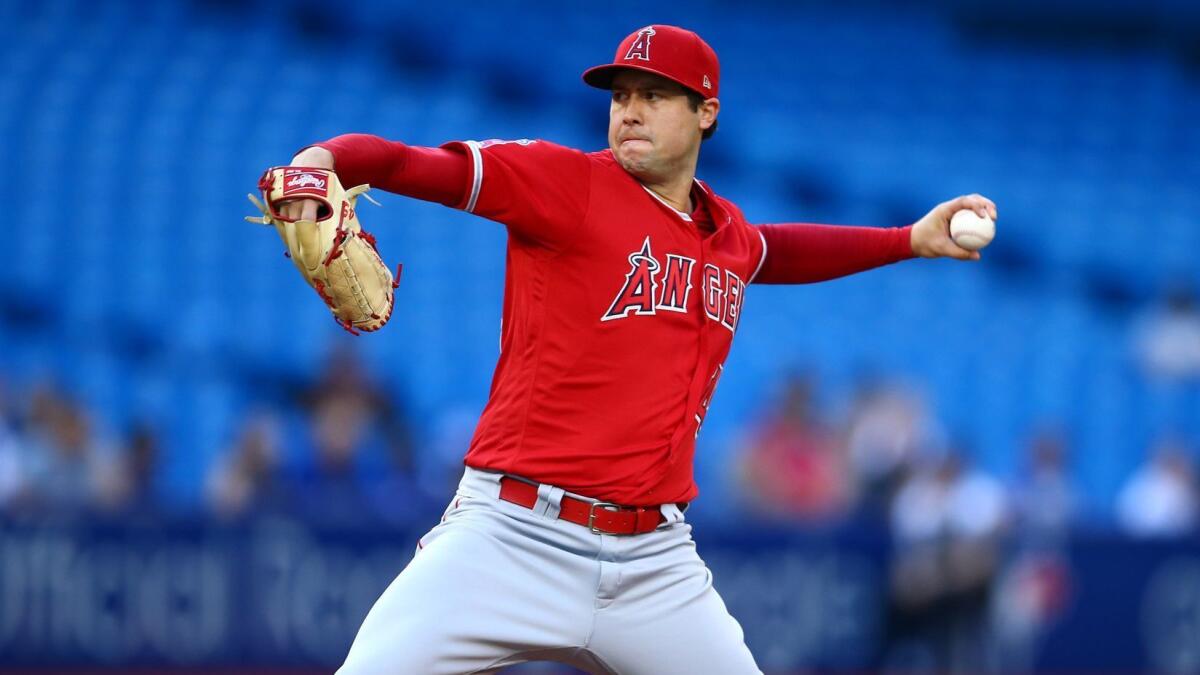 Angels starter Tyler Skaggs delivers during the first inning of a 3-1 victory over the Toronto Blue Jays on Tuesday.