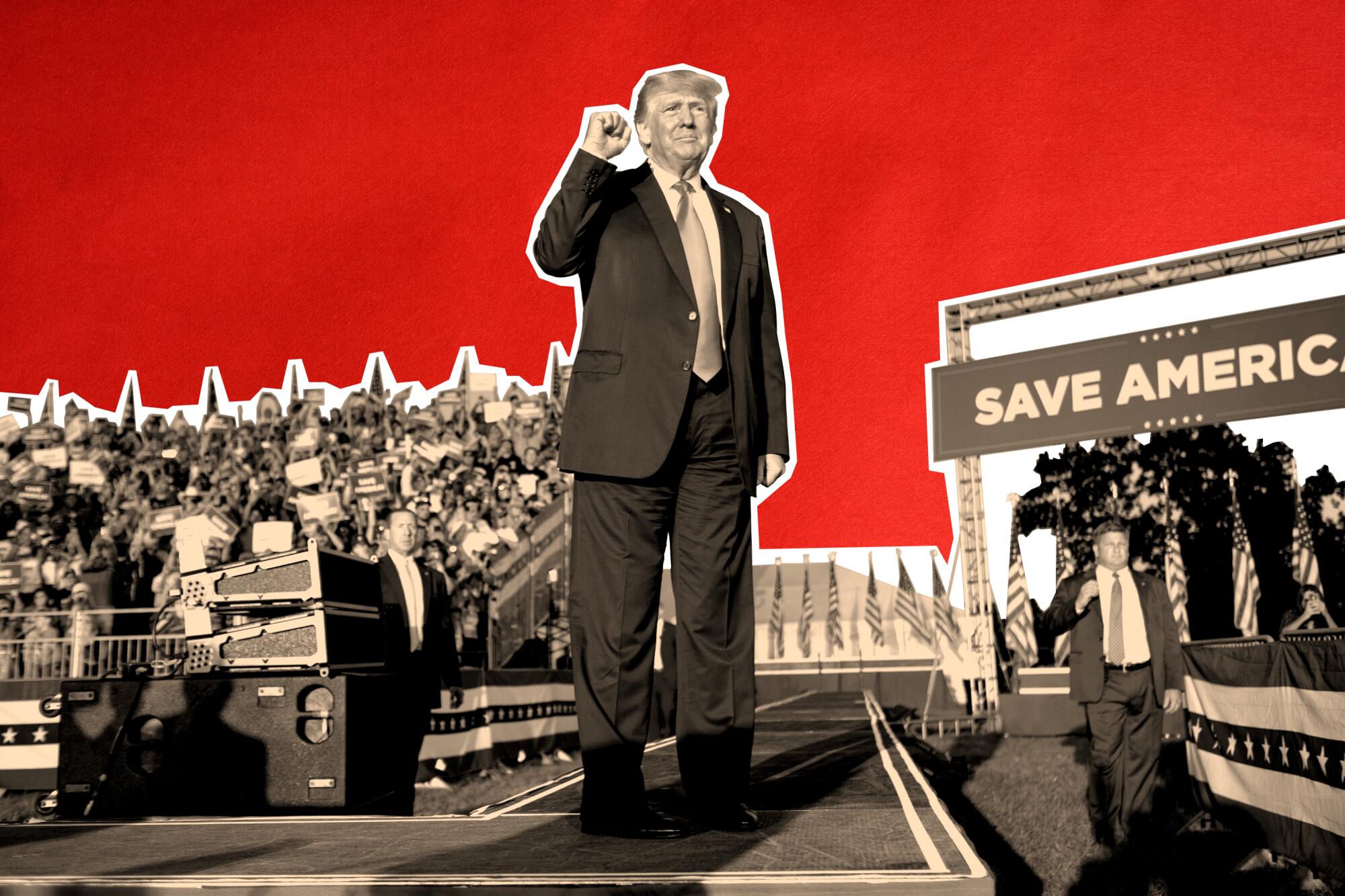 Photoillustration of Donald Trump raising his fist at a rally with a red background