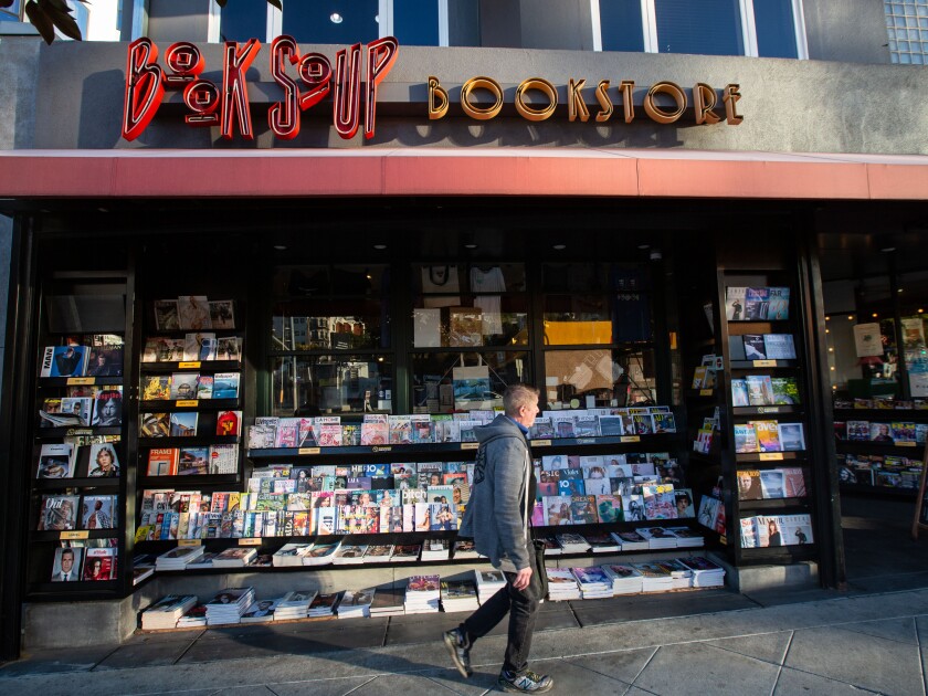A man walks past Book Soup in West Hollywood.