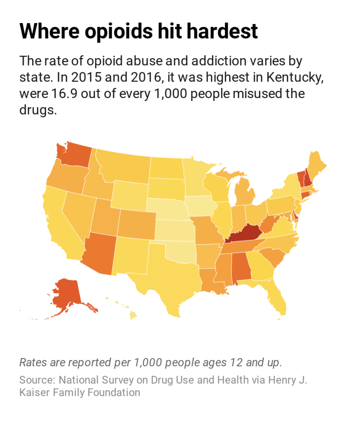 U.S. map showing opioid addiction rates by state