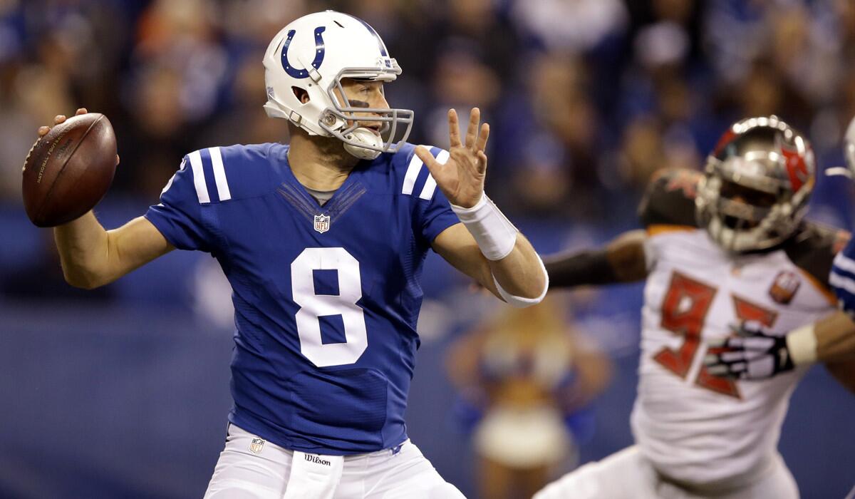 Indianapolis Colts quarterback Matt Hasselbeck prepares to throw against the Tampa Bay Buccaneers during the first half of a game on Sunday.