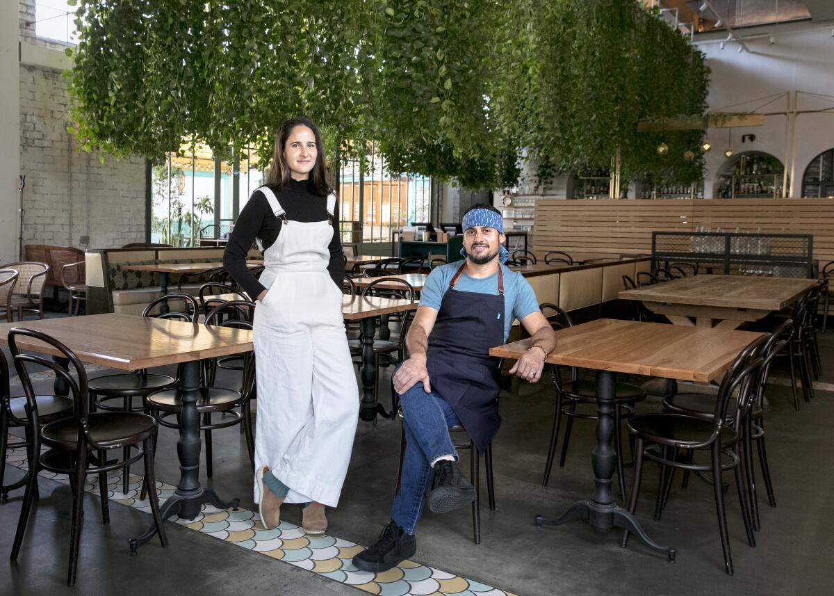 Husband-and-wife team Genevieve Gergis and Ori Menashe at their downtown Los Angeles restaurant Bavel. 