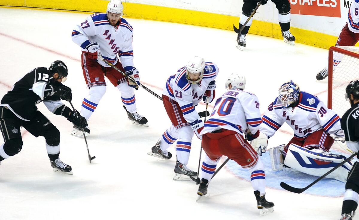 Kings right wing Marian Gaborik unleashes a shot that would beat the Rangers and goaltender Henrik Lundqvist, tying the score, 4-4, midway through the third period of Game 2 on Saturday night at Staples Center.