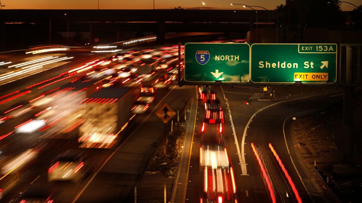 Traffic flows on the I-5 near the Sheldon Street exit where an empty lot is a possible site for a homeless veterans housing complex in Sun Valley on December 12, 2017.