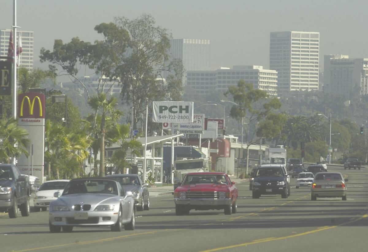 Traffic travels along the roughly 1-mile section of West Coast Highway in Newport Beach known as Mariner's Mile.