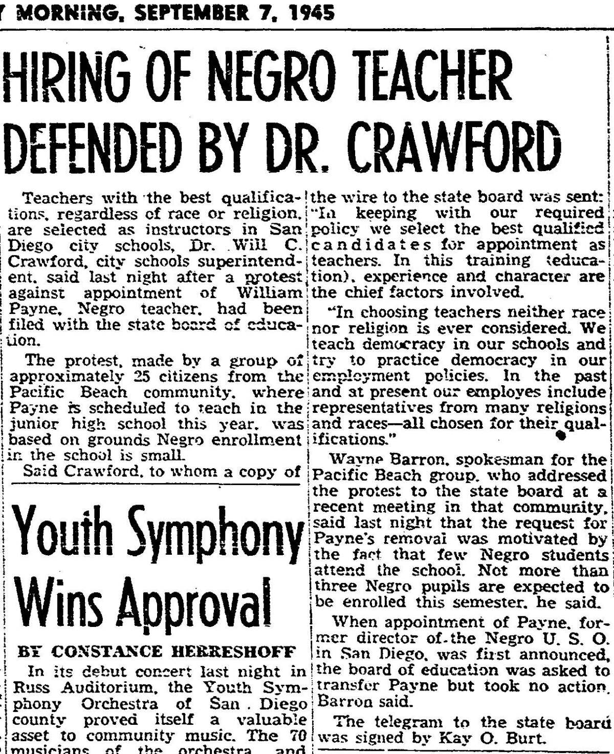 San Diego Union story on controversy over the hiring of William Payne in 1945.