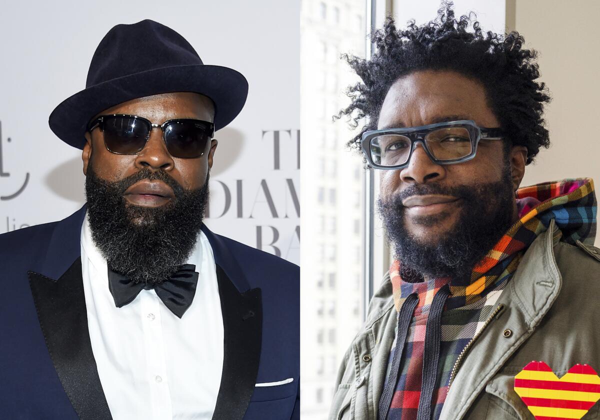This combination of photos shows Tariq Trotter, also known as Black Thought, at the 3rd Annual Diamond Ball in New York on Sept. 14, 2017, left, and Ahmir “Questlove” Thompson posing for a portrait in New York on Nov. 19, 2019. “Rise Up, Sing Out,” an animated shorts series presenting the concepts of race, racism and social justice to young viewers, is coming to Disney Junior. Designed for children ages 2 to 7 and their families, the series will include music by Black Thought and Questlove of The Roots, who are executive producers with Latoya Raveneau. (AP Photo)