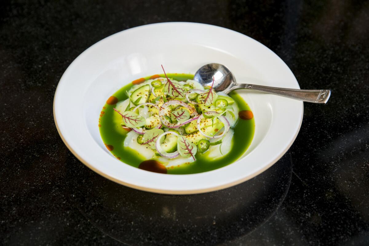 Scallop aguachile at West Hollywood's Verlaine comes with avocado, red onion, cucumber and chile serrano.