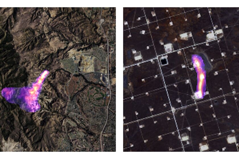 This combination of satellite images provided by the Kayrros data analytics company shows methane plumes, captured using specialized sensors overlaid on optical photos, rising from natural gas sites in Aliso Canyon north of Los Angeles on Oct. 26, 2015, left, and the Permian Basin in Texas on Nov. 8, 2020. According to a United Nations report released on Thursday, May 6, 2021, cutting the super-potent greenhouse gas methane quickly and dramatically is the world’s best hope to slow and limit the worst of global warming. (Kayrros via AP)