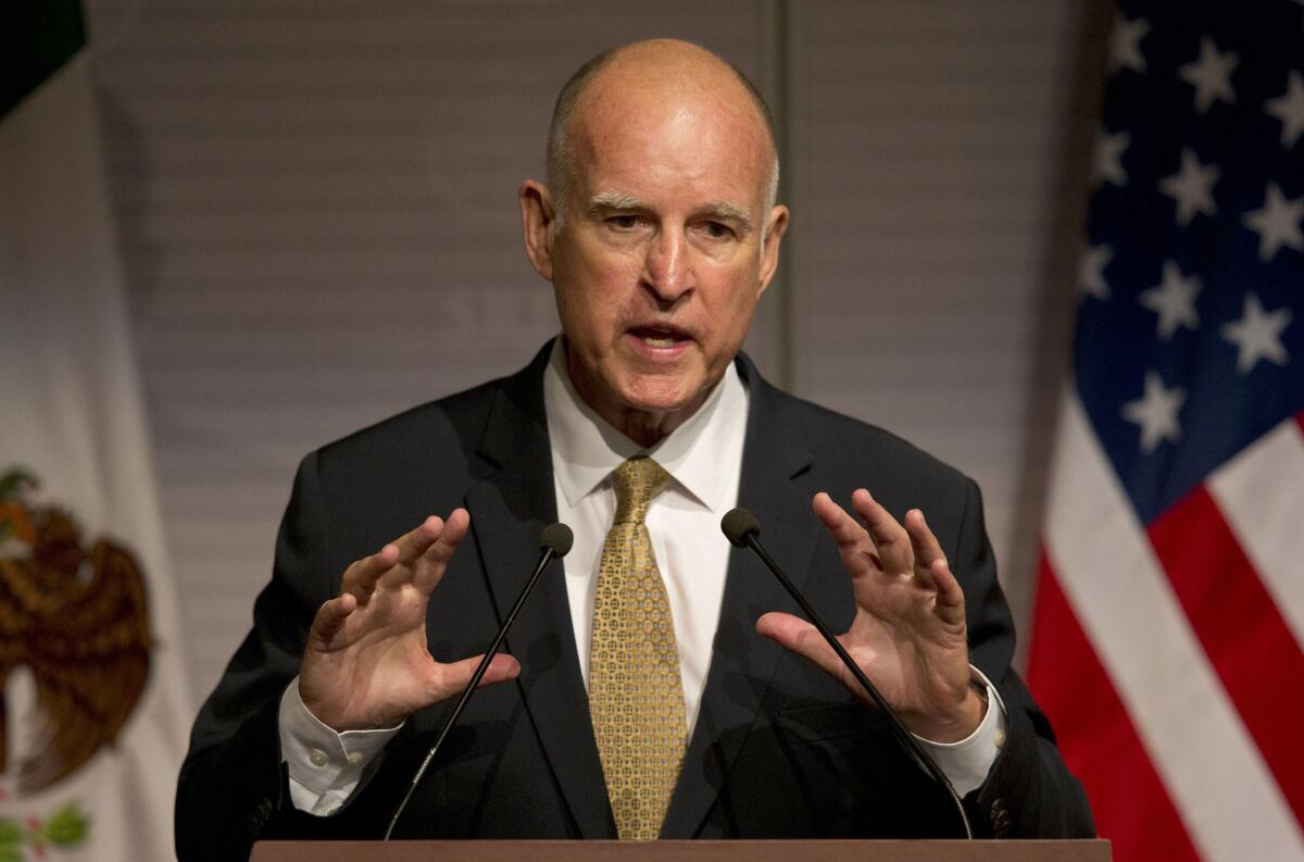 California Gov. Jerry Brown gives a speech in July.