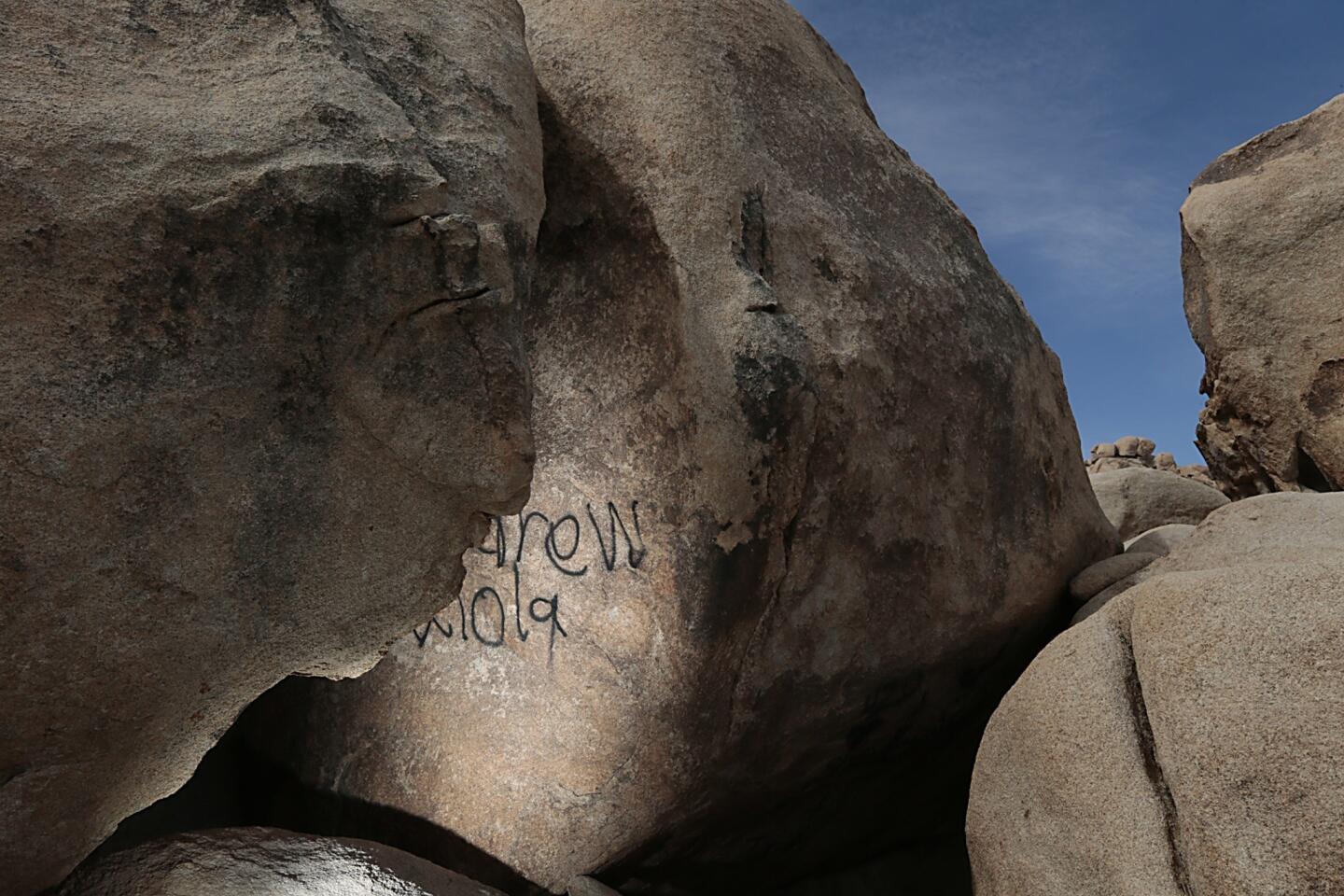 A sacred Indian site inside Rattlesnake Canyon in the Joshua Tree National Park is defaced with graffiti. Vandals have posted pictures of themselves damaging the park, causing officials to close parts of the park as they investigate.