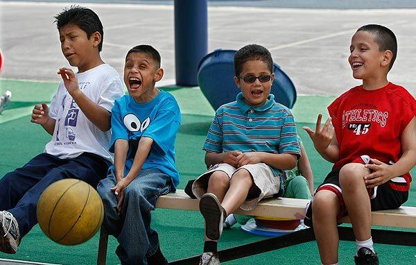 Second- and third-graders react with pleasure to the sound of a bouncing basketball at the Frances Blend School in Hollywood. The city and state's budget crises may lead to cuts at the highly specialized preschool-through-sixth-grade campus. See full story