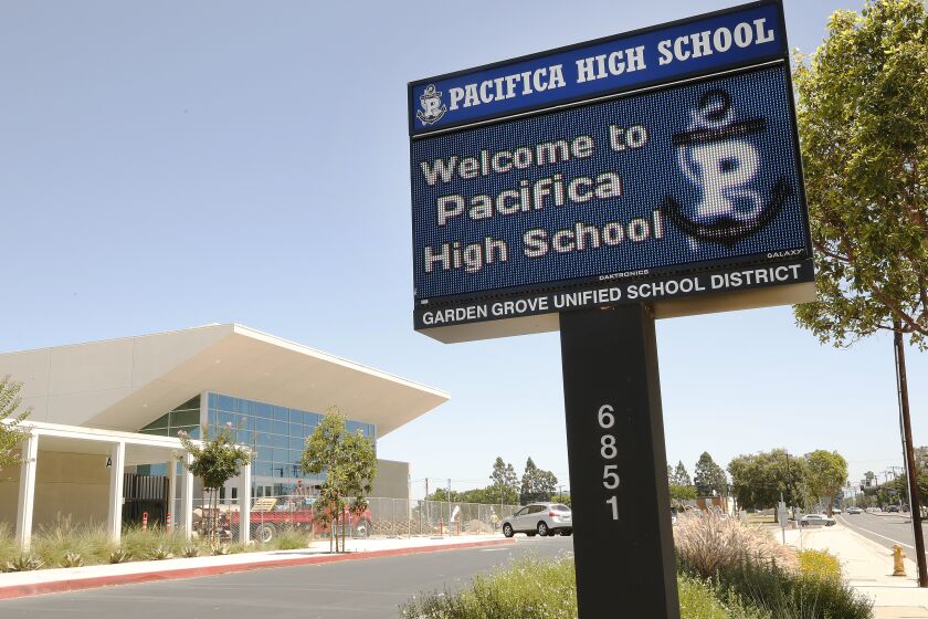 GARDEN GROVE, CA - AUGUST 21, 2019 Pacifica High School August 21, 2019, one week before classes resume as school officials in Orange county are reopening an investigation into a group of high school students caught on video with their arms raised in a Sieg Heil salute while singing a Nazi marching song as additional racist images continue to surface. (Al Seib / Los Angeles Times)