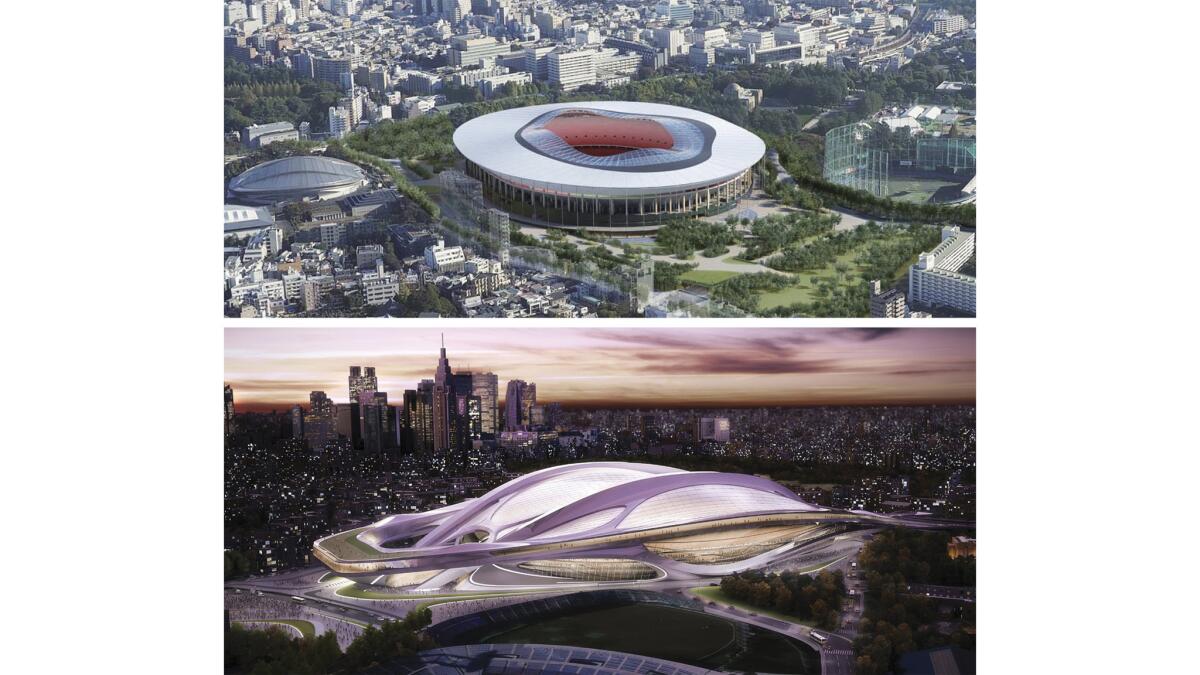 Designs for Tokyo's Olympics stadium by Kengo Kuma, top, and Zaha Hadid. Hadid, whose proposal was scrapped, claims that elements of Kengo's design resemble hers.