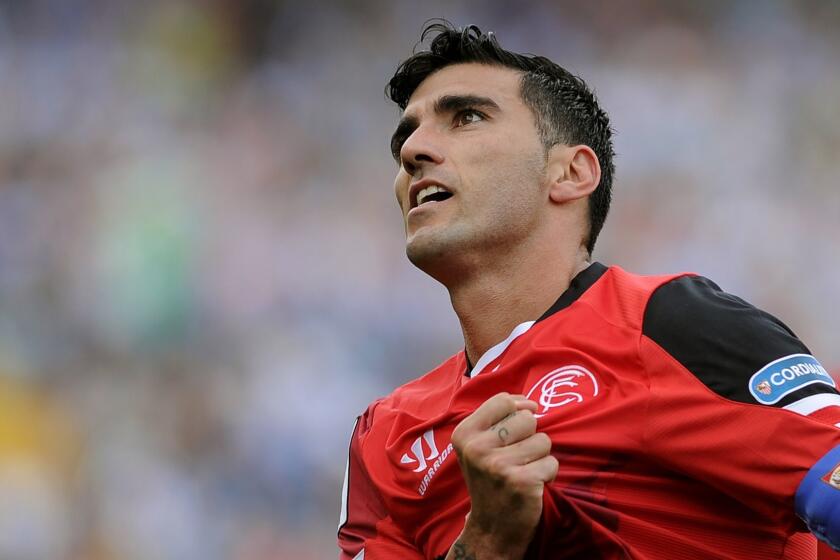 (FILES) In this file photo taken on May 23, 2015 Sevilla's then forward Jose Antonio Reyes celebrates a goal during the Spanish league football match Malaga CF vs Sevilla FC at La Rosaleda stadium in Malaga. - Former Arsenal, Real Madrid and Spain star Reyes has been killed in a car crash, his hometown club Sevilla said on June 1, 2019. Reyes, who shot to fame at Sevilla before a switch to Arsenal before spells at Real and Atletico Madrid, was 35 and on the books with second tier Spanish club Extremadura. (Photo by Cristina Quicler / AFP)CRISTINA QUICLER/AFP/Getty Images ** OUTS - ELSENT, FPG, CM - OUTS * NM, PH, VA if sourced by CT, LA or MoD **
