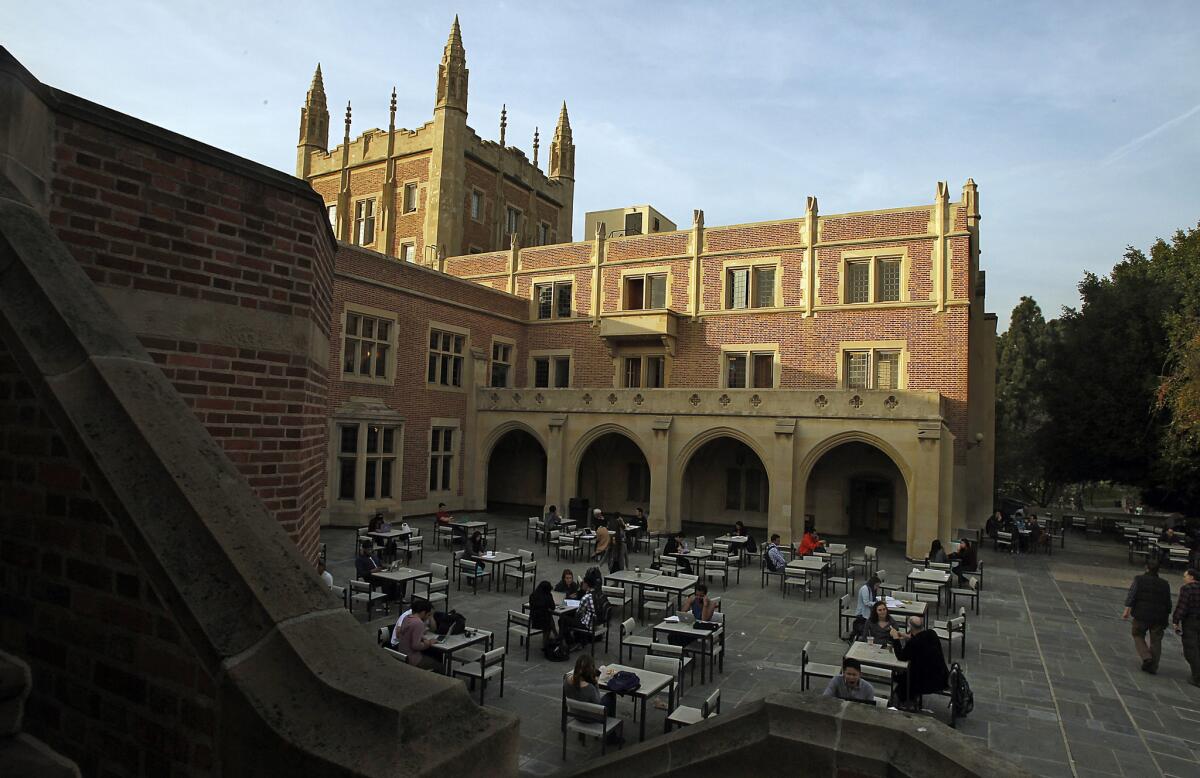 A courtyard behind Kerckhoff Hall is a popular gathering place for UCLA students. The campus is now tobacco-free.