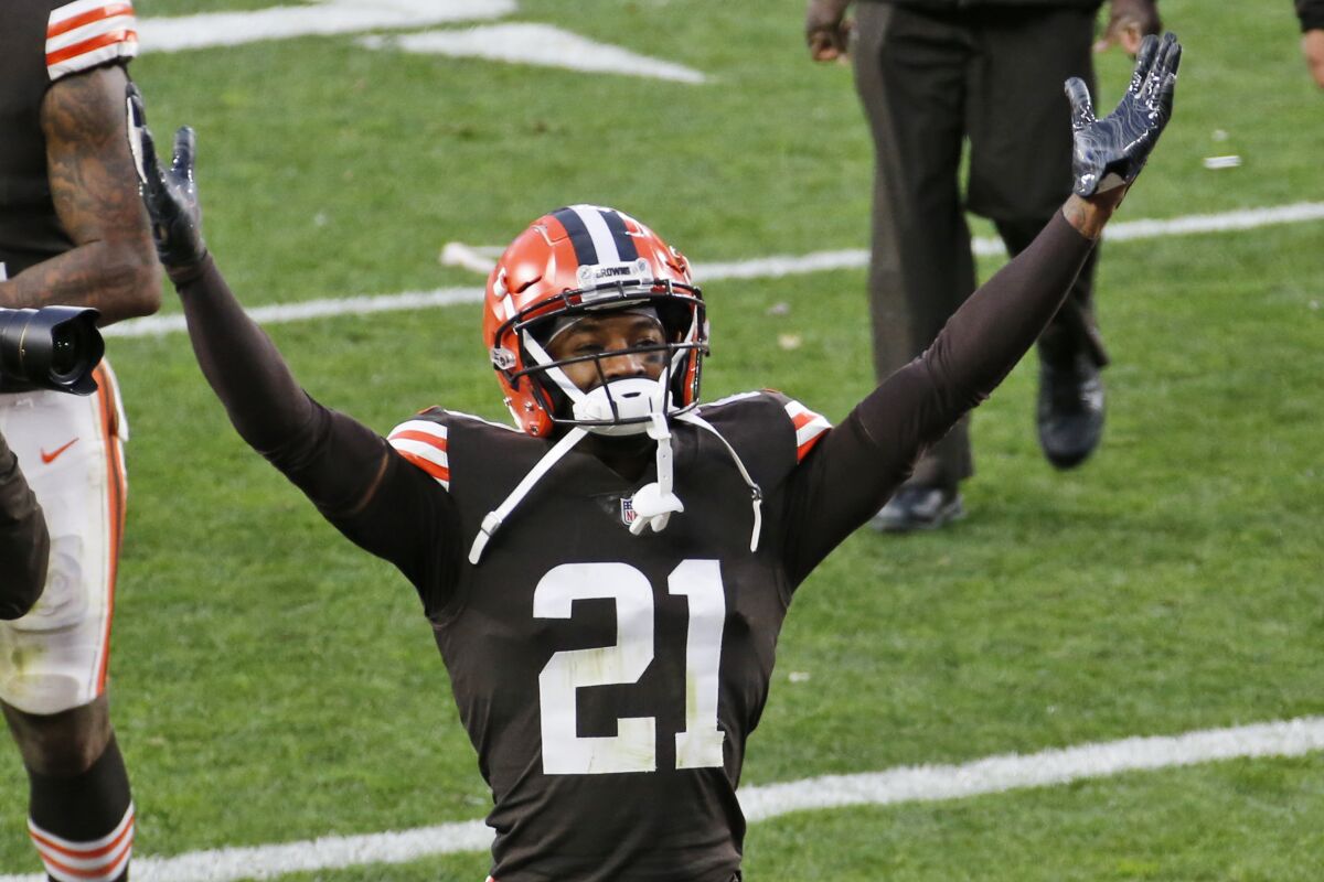 Cleveland cornerback Denzel Ward celebrates after the Browns defeated the Houston Texans on Nov. 15, 2020.