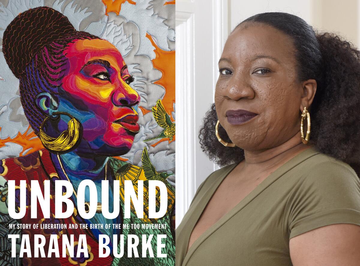 This combination of photos shows cover art for "Unbound: My Story of Liberation and the Birth of the Me Too Movement," left, and a portrait of author Tarana Burke taken at her home in Baltimore on Oct. 13, 2020. (Flatiron Books via AP, left, and AP Photo)