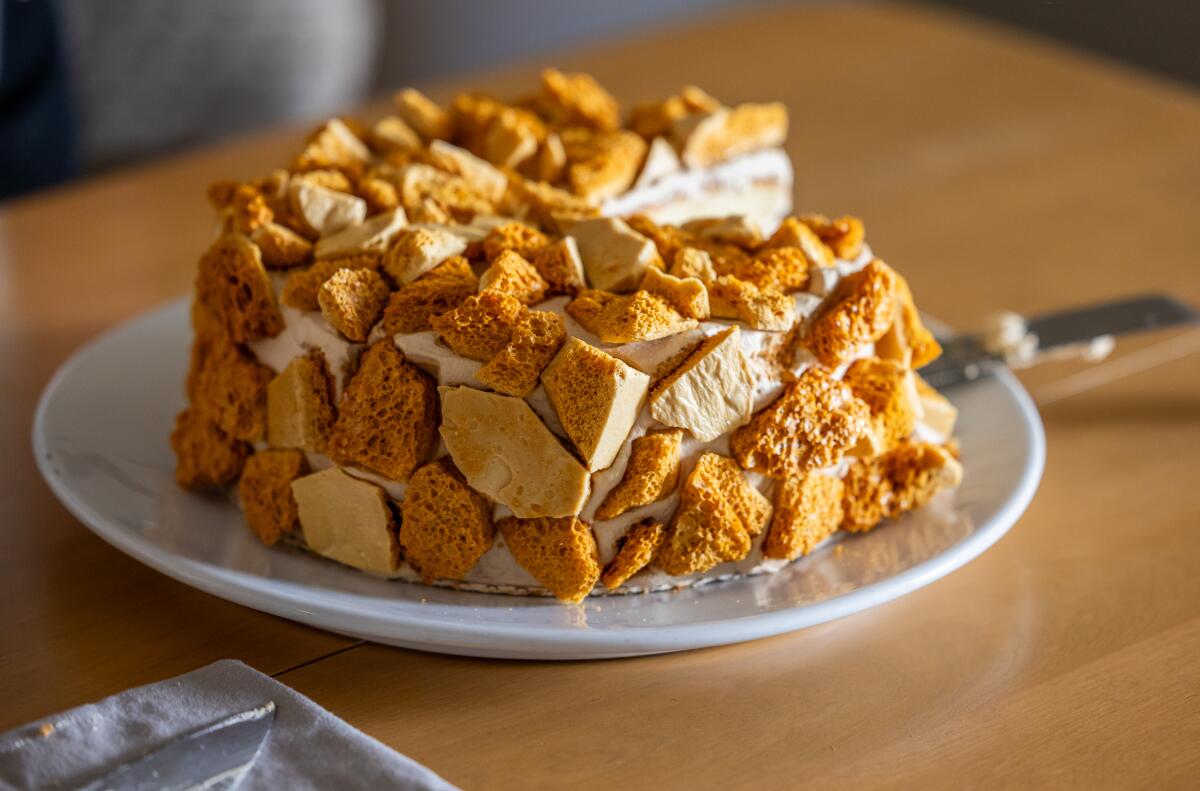 A Blum's coffee crunch cake on a plate. 