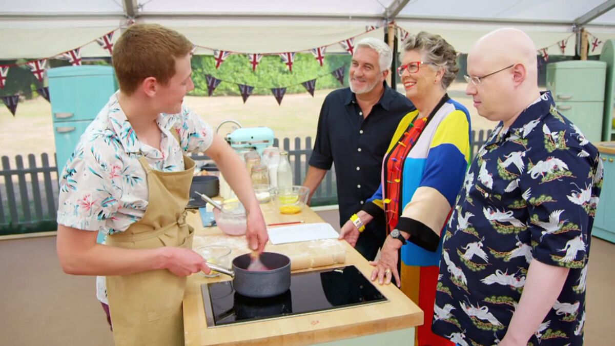 Peter Sawkins, left, Paul Hollywood, Prue Leith andMatt Lucas in "The Great British Baking Show."