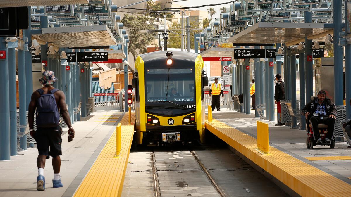 An Expo Line train pulls into the Metro station in downtown Santa Monica.