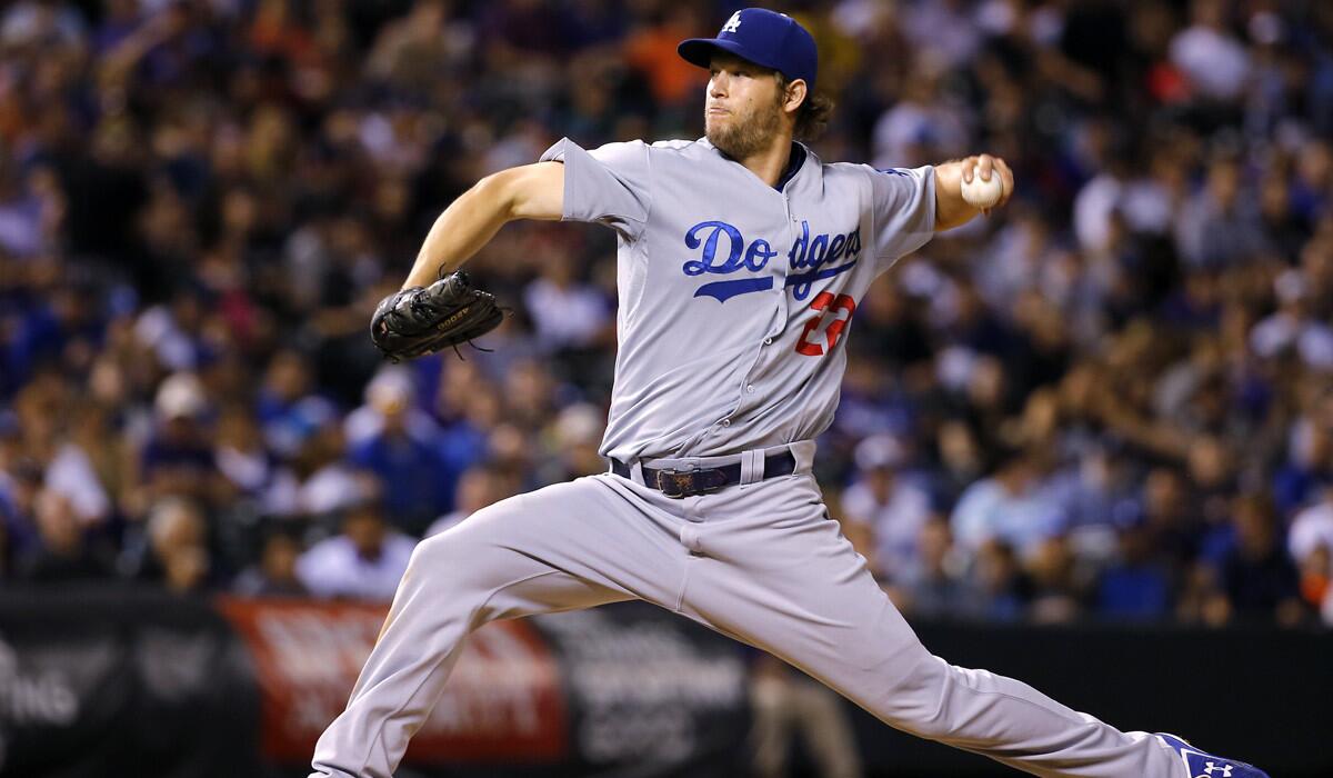 Los Angeles Dodgers starting pitcher Clayton Kershaw throws against the Colorado Rockies during the Dodgers' 11-4 win over the Rockies on Monday.