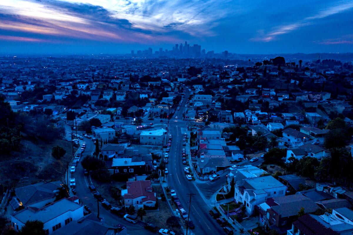 A drone view toward downtown Los Angeles from East L.A.