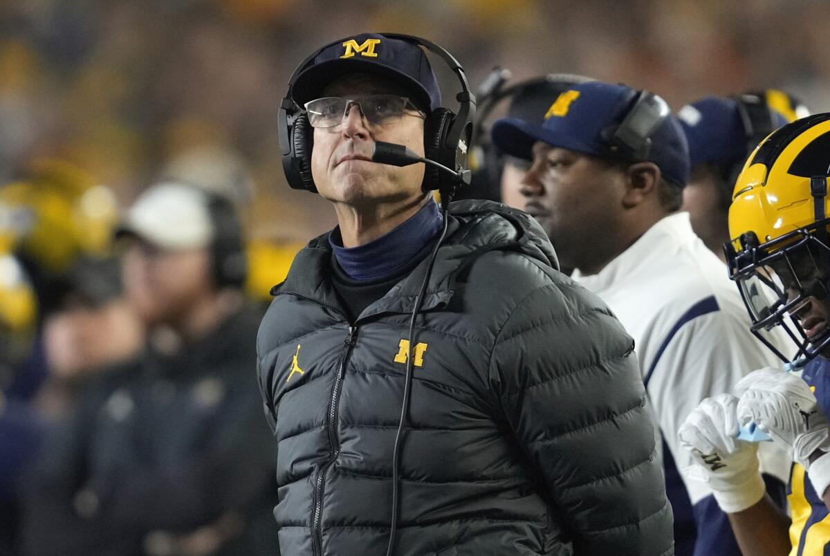 Michigan coach Jim Harbaugh watches against Purdue during a game on Nov. 4.