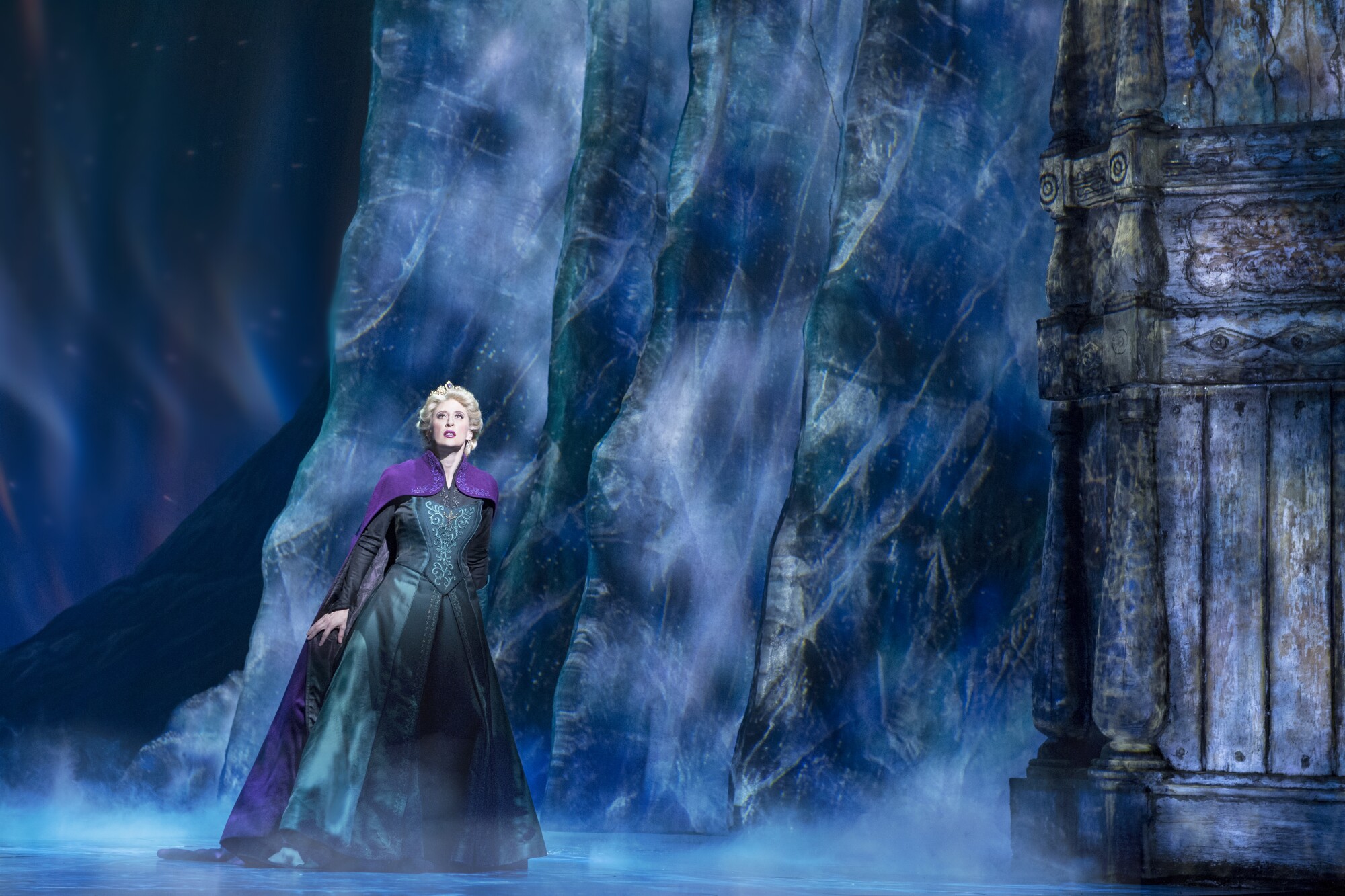 Projection design brought Elsa's (Caissie Levy on Broadway) powers to life onstage in "Frozen."