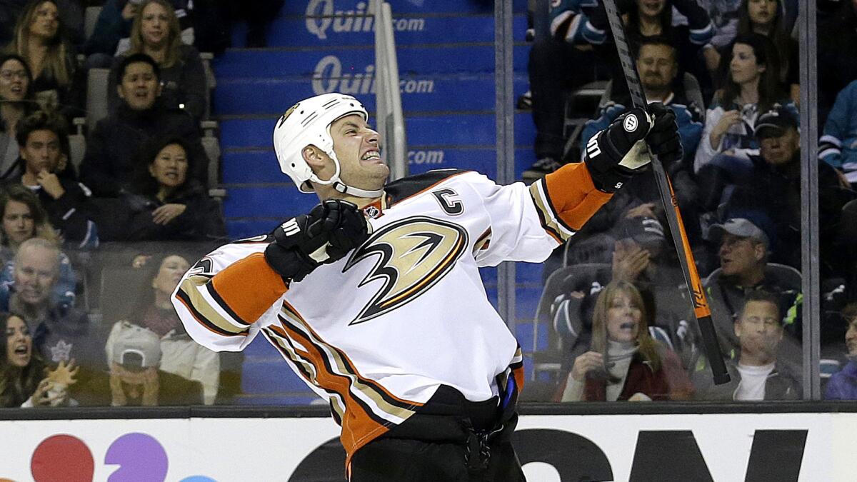 Ducks center Ryan Getzlaf celebrates after scoring a goal against the Sharks during the second period Saturday night in San Jose.