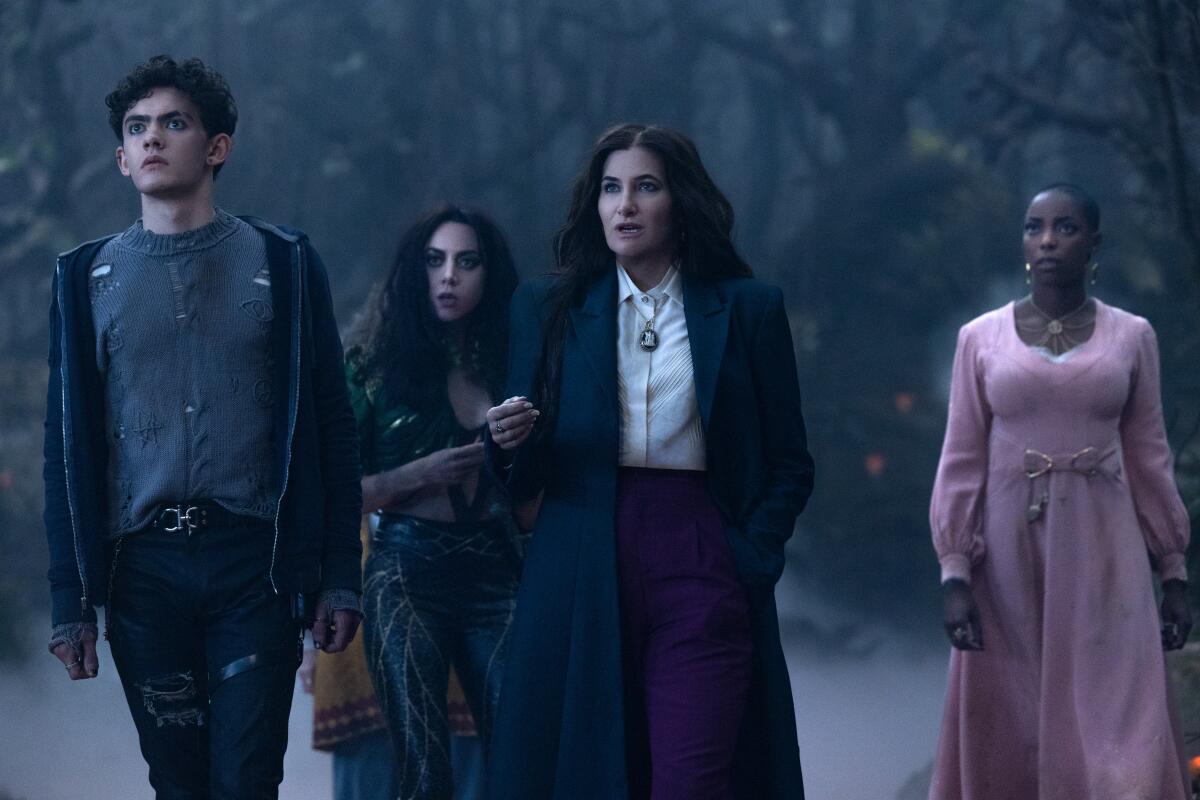 Joe Locke, Aubrey Plaza, Kathryn Hahn and Sasheer Zamata in a foggy forest in "Agatha All Along."